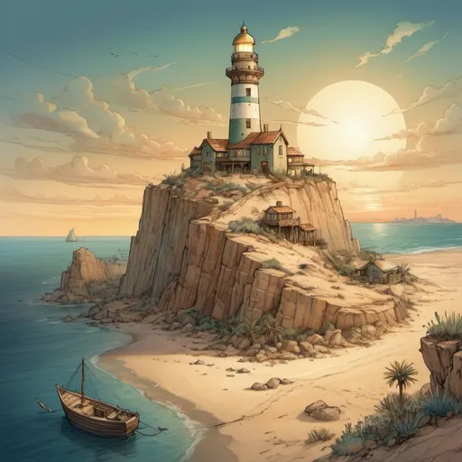 Prompt: Top-down Anton Pieck style illustration of a large lighthouse powered by magic, desert sand, summer, the sea shore in the background, exotic atmosphere, soft tones, nightfall, golden hour, desert, detailed buildings, crowded streets, exotic setting, warm lighting, intriguing, mysterious, blue-green ocean, mysterious, soft tones, nightfall, golden hour, desert shore, fantasy, heartwarming lighting