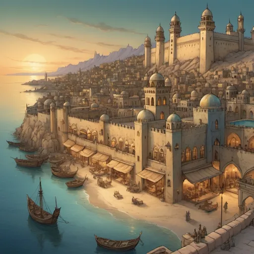 Prompt: Top-down Anton Pieck style illustration of a large port city, grand ottoman castle overlooking, desert sand, summer, the sea shore in the background, exotic atmosphere, soft tones, nightfall, golden hour, desert, detailed buildings, crowded streets, exotic setting, warm lighting, intriguing, mysterious, bustling city, grand palace, busy port, blue-green ocean, mysterious, soft tones, nightfall, golden hour, desert shore, fantasy, heartwarming lighting