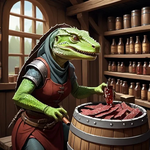 Prompt: a female lizardfolk steals jerky from a barrel in a medieval general store, in a fantasy concept style