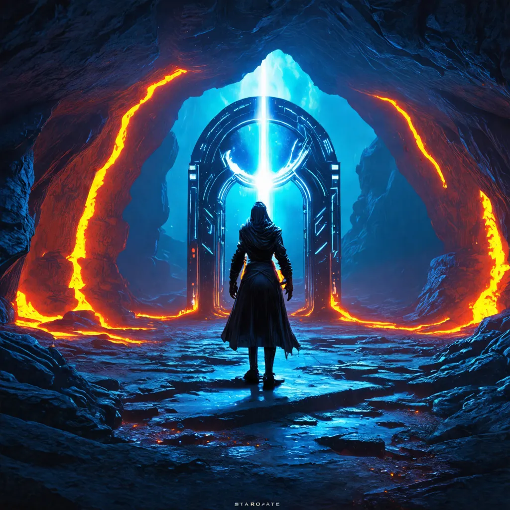 Prompt: A magical version of a Stargate, the gateway is standing in the midst of a huge underground cavern lit by distant lava flows, done in a fantasy concept art style