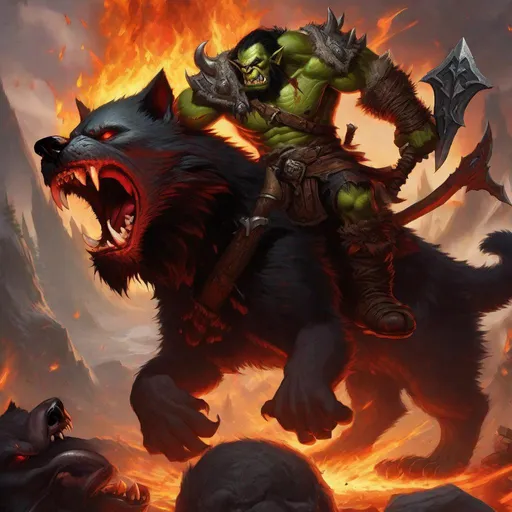 Prompt: a warcraft orc rides into a fiery battle, the orc is mounted on a black wolf, the orc has a battle axe in his hand