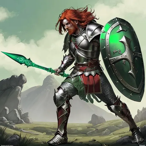 Prompt: a male human red haired warrior in chainmail armor, holding a pilum and a hoplite shield, the spear glows with spectral green energy, in fantasy art style