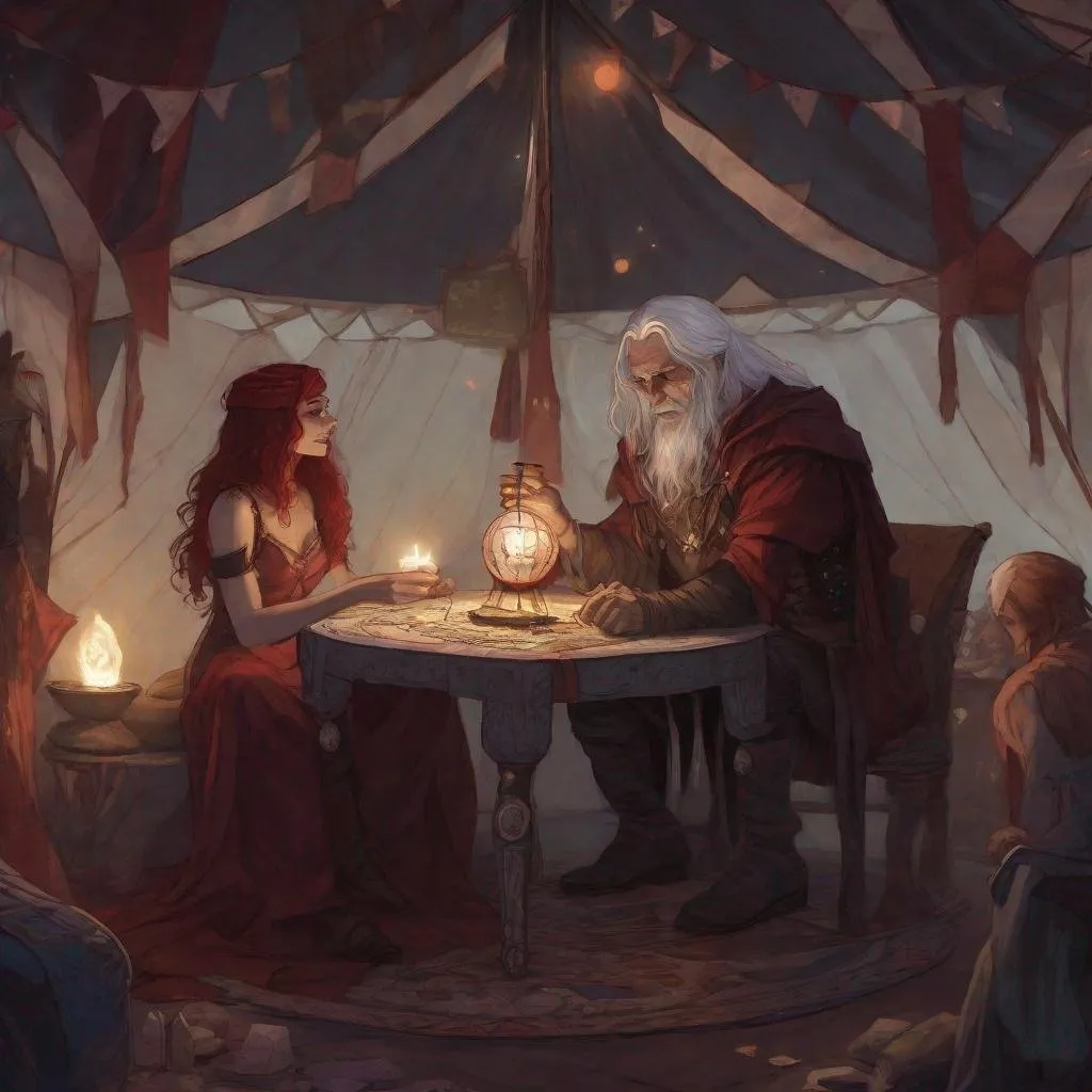 Prompt:  a pale young human Male wizard with dark red hair is visiting a female fortune teller with wrinkles and white hair, in a dimly lit circus tent, the table has tarot cards on it, in a dungeons and dragons fantasy art style