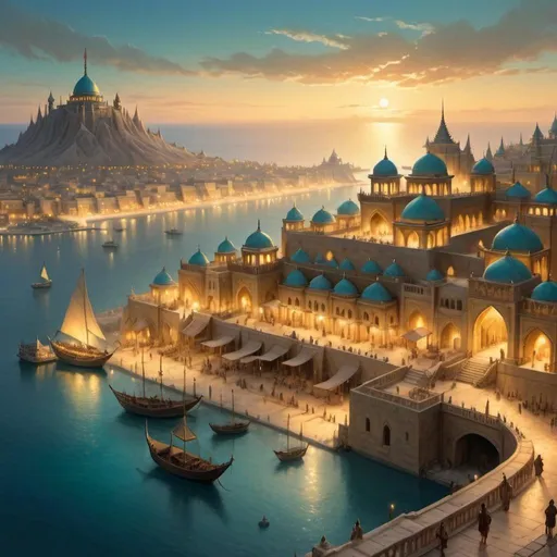 Prompt: Top-down Anton Pieck style illustration of a large port city, grand ottoman palace overlooking, the port has many stone quays, desert sand, summer, the sea shore in the background, a single pyramid in the distance, exotic atmosphere, soft tones, nightfall, golden hour, desert, detailed buildings, crowded streets, exotic setting, warm lighting, intriguing, mysterious, bustling city, grand palace, pyramid, blue-green ocean, mysterious, soft tones, nightfall, golden hour, desert shore, fantasy, heartwarming lighting