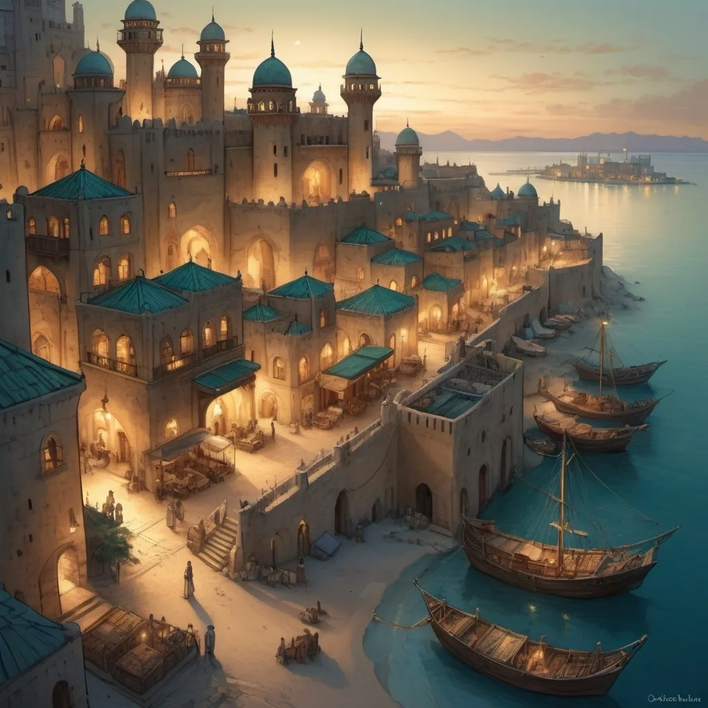 Prompt: Top-down Anton Pieck style illustration of a large port city, grand ottoman castle overlooking, desert sand, summer, stone docks, the sea shore in the background, exotic atmosphere, soft tones, nightfall, golden hour, desert, detailed buildings, crowded streets, exotic setting, warm lighting, intriguing, mysterious, bustling city, grand palace, stone docks, blue-green ocean, mysterious, soft tones, nightfall, golden hour, desert shore, fantasy, heartwarming lighting