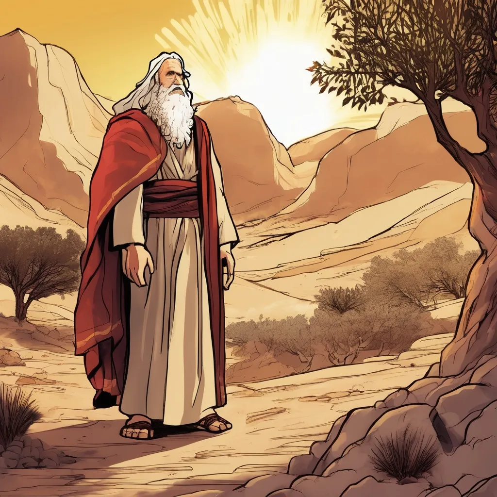 Prompt: an illustration in the style of an animated movie, Moses and the burning bush from Exodus chapter 3:1-6, dramatic lighting 