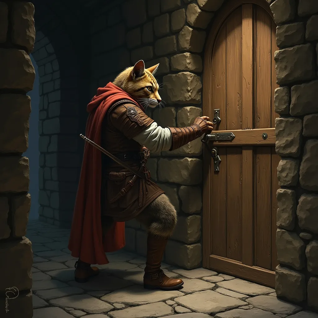 Prompt: fantasy style, a tall, male, tabby colored tabaxi rogue is picking the lock on a heavy wooden door in a dark hallway, the hallway is 5 feet wide, there is no light, the rogue is wearing leather swashbuckler gear
