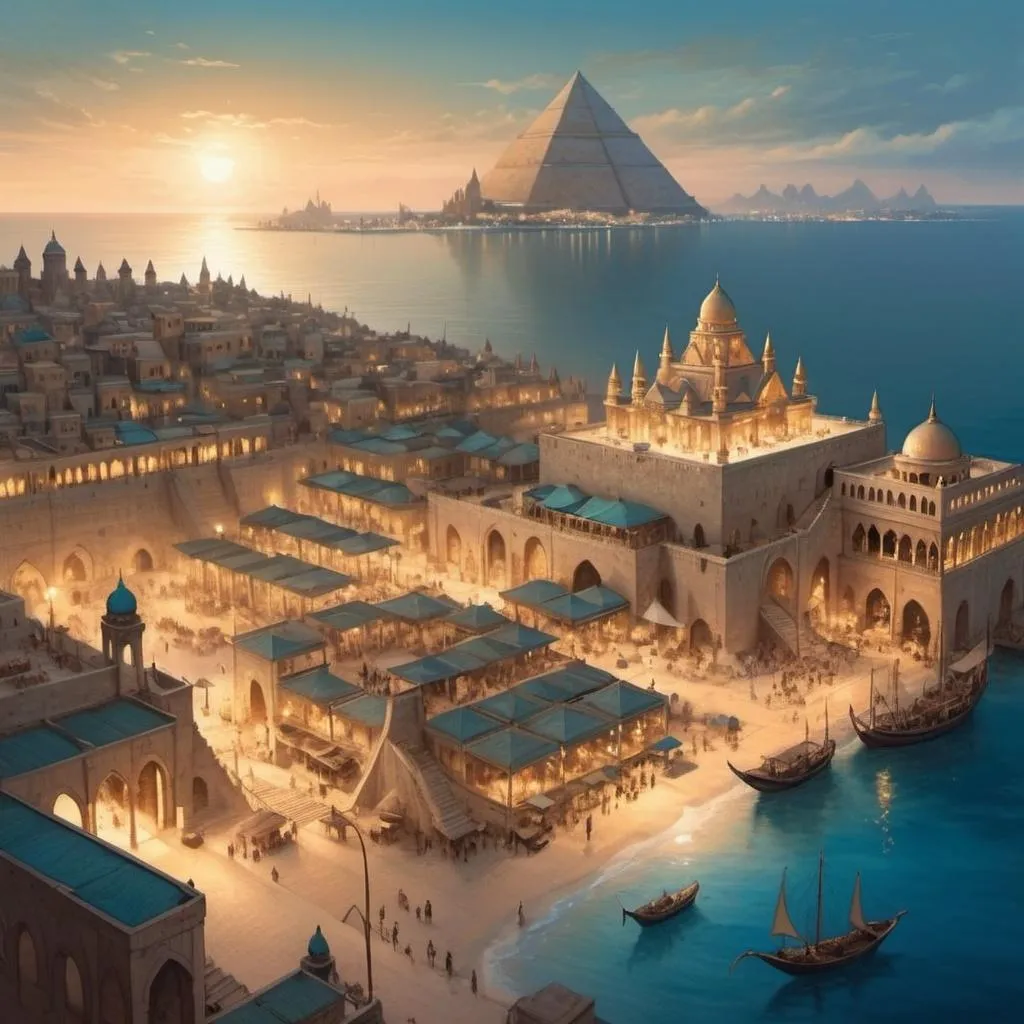 Prompt: Top-down Anton Pieck style illustration of a large port city, grand ottoman palace overlooking, the port has many stone quays, desert sand, summer, the sea shore in the background, a single pyramid in the distance, exotic atmosphere, soft tones, nightfall, golden hour, desert, detailed buildings, crowded streets, exotic setting, warm lighting, intriguing, mysterious, bustling city, grand palace, pyramid, blue-green ocean, mysterious, soft tones, nightfall, golden hour, desert shore, fantasy, heartwarming lighting