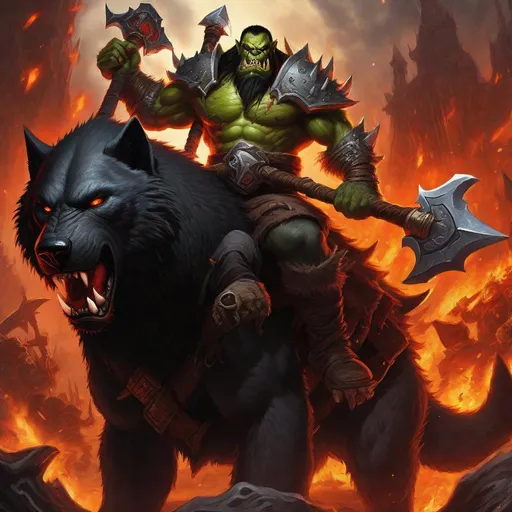 Prompt: a warcraft orc rides into a fiery battle, the orc is mounted on a black wolf, the orc has a battle axe in his hand