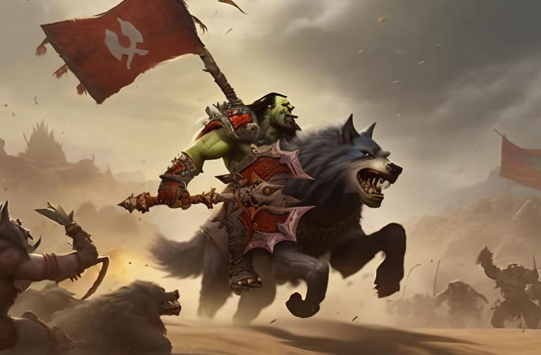 Prompt: a warcraft orc carrying a banner into battle, riding a wolf, charging across a dusty battlefield