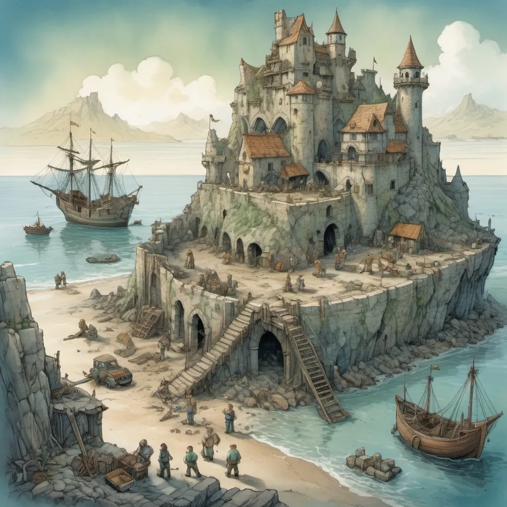 Prompt: Top-down Anton Pieck style illustration of a team of human and dwarven construction workers restoring a damaged island port, spring, a ruined castle in the background, exotic atmosphere, soft tones, mid day, detailed buildings, exotic setting, warm lighting, intriguing, mysterious, blue-green ocean, mysterious, soft tones, mid day, topical shore, fantasy, heartwarming lighting