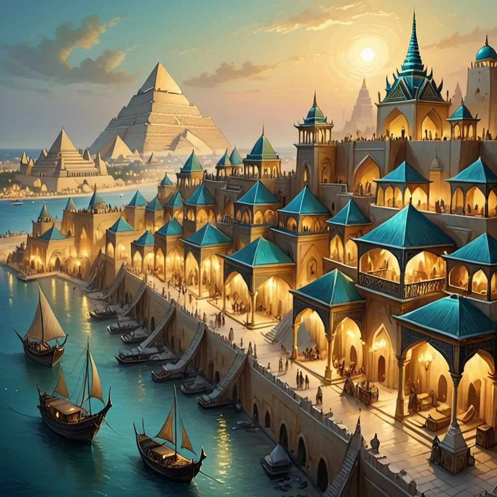 Prompt: Top-down Anton Pieck style illustration of a large port city, grand Arabian palace overlooking, the port has many stone quays, desert sand, summer, the sea shore in the background, pyramids in the distance, exotic atmosphere, soft tones, nightfall, golden hour, desert, detailed buildings, crowded streets, exotic setting, warm lighting, intriguing, mysterious, bustling city, grand palace, pyramids, blue-green ocean, mysterious, soft tones, nightfall, golden hour, desert shore, fantasy, heartwarming lighting