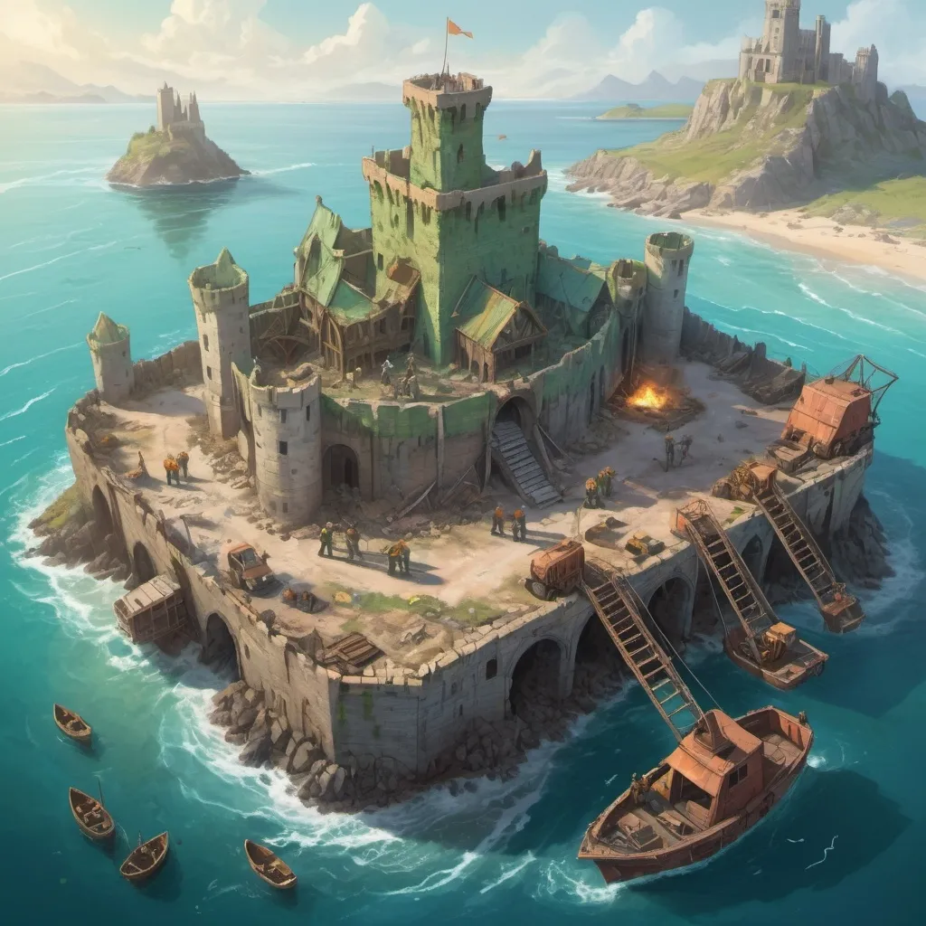 Prompt: Top-down fantasy concept art illustration of a team of human and dwarven construction workers restoring a large damaged island port, spring, a huge ruined castle in the background, exotic atmosphere, soft tones, mid day, detailed buildings, exotic setting, warm lighting, intriguing, mysterious, blue-green ocean, mysterious, soft tones, mid day, topical shore, fantasy, heartwarming lighting