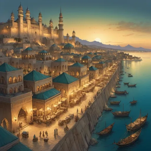 Prompt: Top-down Anton Pieck style illustration of a large port city, grand ottoman palace overlooking, the port has many stone quays, desert sand, summer, the sea shore in the background, pyramids in the distance, exotic atmosphere, soft tones, nightfall, golden hour, desert, detailed buildings, crowded streets, exotic setting, warm lighting, intriguing, mysterious, bustling city, grand palace, blue-green ocean, mysterious, soft tones, nightfall, golden hour, desert shore, fantasy, heartwarming lighting