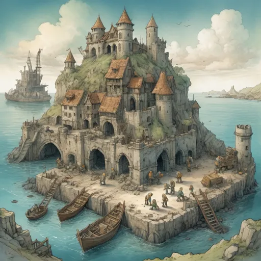 Prompt: Top-down Anton Pieck style illustration of a team of human and dwarven construction workers restoring a damaged island port, spring, a ruined castle in the background, exotic atmosphere, soft tones, mid day, detailed buildings, exotic setting, warm lighting, intriguing, mysterious, blue-green ocean, mysterious, soft tones, mid day, topical shore, fantasy, heartwarming lighting