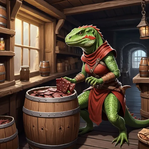 Prompt: a female lizardfolk warrior steals jerky from a barrel in a medieval general store, in a fantasy concept style