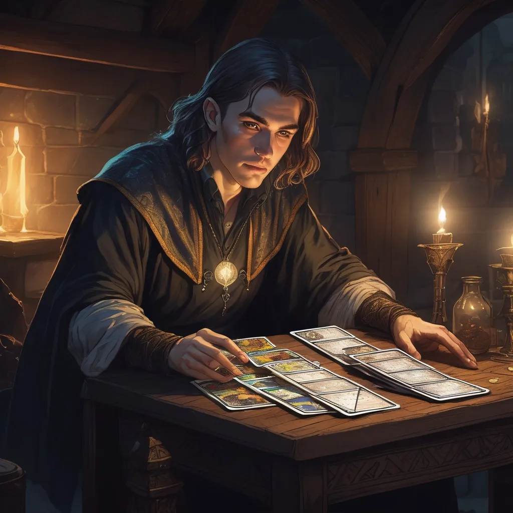 Prompt: a pale young human Male wizard leans over a table in a dimly lit tent, the table has tarot cards on it, in a dungeons and dragons fantasy art style