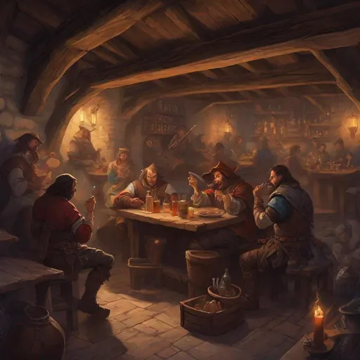 Prompt: The interior of a medieval tavern bar, it is filled with peple eating and drinking while a male bard plays a lute in a smoke filled corner, in the style of dungeons and dragons fantasy art