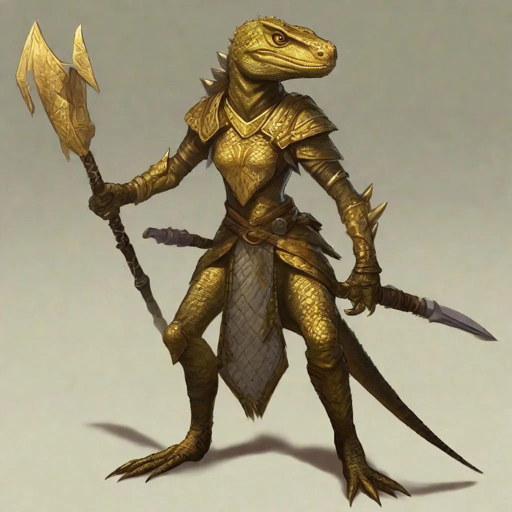 Prompt: a golden skin female lizardfolk warrior, in a fantasy concept style