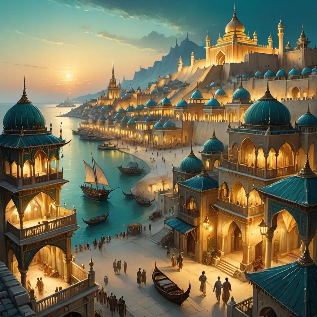 Prompt: Top-down Anton Pieck style illustration of a large port city, grand ottoman palace overlooking, the port has many stone quays, desert sand, summer, the sea shore in the background, pyramids in the distance, exotic atmosphere, soft tones, nightfall, golden hour, desert, detailed buildings, crowded streets, exotic setting, warm lighting, intriguing, mysterious, bustling city, grand palace, blue-green ocean, mysterious, soft tones, nightfall, golden hour, desert shore, fantasy, heartwarming lighting