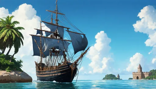 Prompt: a sailing ship with black hull and grey sails, docked alongside a fortress on a tropical island, in the style of fantasy concept art
