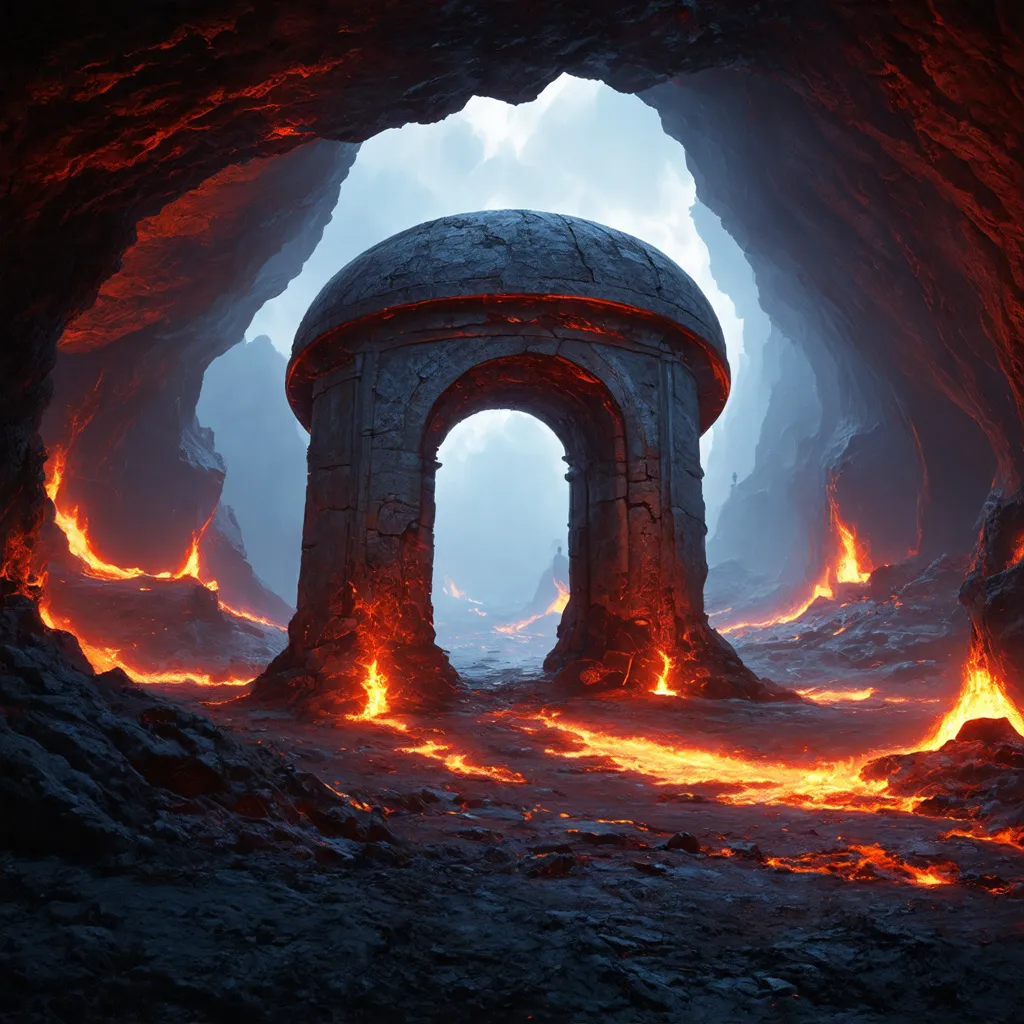 Prompt: A round, stone gateway three hundred feet high; the gateway is standing in the midst of a huge underground cavern lit by distant lava flows, in the style of fantasy concept art