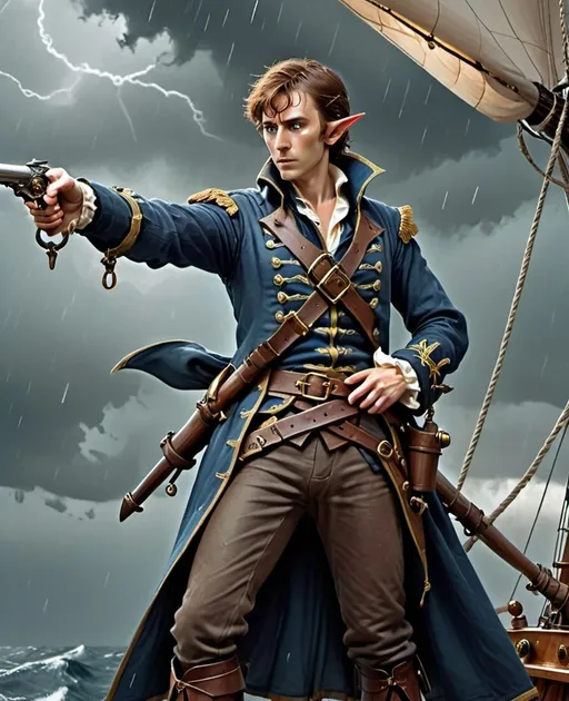 Prompt: A high elf swashbuckler in a blue coat standing on the deck of a sailing ship in the middle of a storm, the elf is holding a (magical flintlock pistol) and has a sword in his off hand, the elf has short brown hair