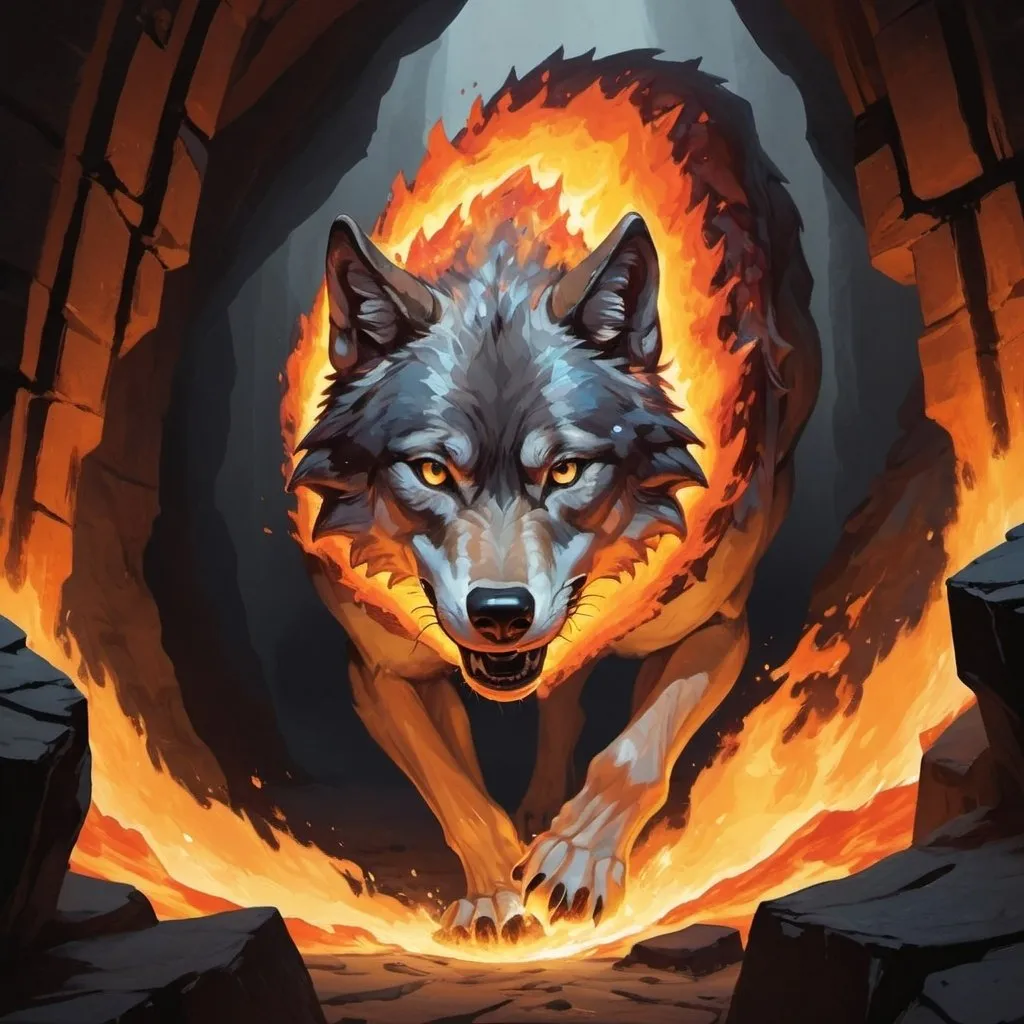 Prompt: looking down at a wolf made of fire and stone running across a cavern floor