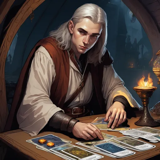 Prompt: a pale young human Male wizard leans over a table in a dimly lit tent, the table has tarot cards on it, in a dungeons and dragons fantasy art style
