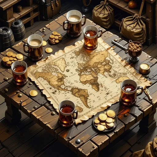 Prompt: (fantasy art style) (isometric perspective) Looking down on a rough wooden table in a lively tavern, on the table is a parchment map surrounded by mugs of ale and bags of gold coins, warm lighting, boisterous atmosphere
