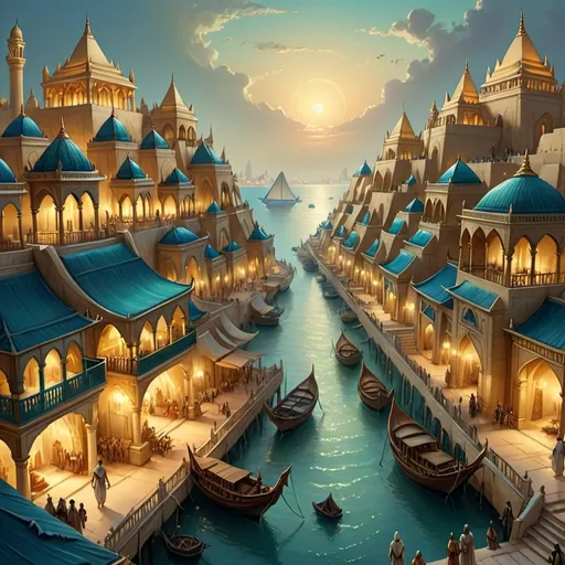 Prompt: Top-down Anton Pieck style illustration of a large port city, grand Arabian palace overlooking, the port has many stone quays, desert sand, summer, the sea shore in the background, pyramids in the distance, exotic atmosphere, soft tones, nightfall, golden hour, desert, detailed buildings, crowded streets, exotic setting, warm lighting, intriguing, mysterious, bustling city, grand palace, pyramids, domed roofs, blue-green ocean, mysterious, soft tones, nightfall, golden hour, desert shore, fantasy, heartwarming lighting