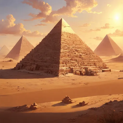 Prompt: Top down illustration of a lonely pyramid, deep in the desert, soft tones, golden hour, nightfall, detailed buildings, exotic setting, warm lighting, summer, mysterious, fantasy style