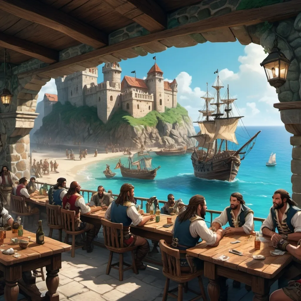 Prompt: (tabletop rpg art), the exterior of a tavern for pirates, the tavern is built into the wall of a fortress, half human half jaguar sailors, (exotic atmosphere), vivid colors, warm midday lighting, detailed buildings, a crowd of sailors outside and inside the tavern, newly rebuilt stone port in the foreground, sparkling blue-green ocean, intriguing mysterious surroundings, intricate rowdy scene, captivating visual narrative, immersive ambiance, beautifully illustrated details, (high-quality render), ultra-detailed, cinematic depth, dynamic composition.