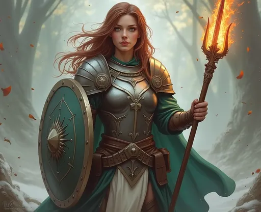 Prompt: fantasy rpg female half elf cleric, walnut colored hair, generous chest, plate armor, large heater shield, a flaming trident in her left hand