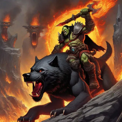 Prompt: a warcraft orc rides into a fiery battle, the orc is mounted on a black wolf, the orc has a giant battle axe in his hand