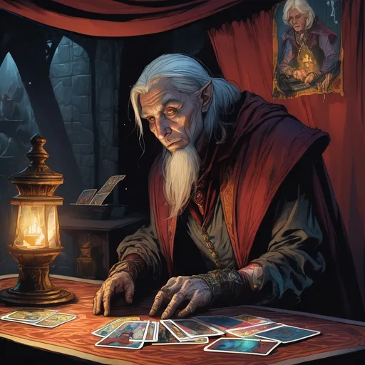 Prompt: a pale young human Male wizard in a dimly lit circus tent leans over a table, the table has tarot cards on it, seated on the other side of the table is a wrinkled old woman, in a dungeons and dragons fantasy art style