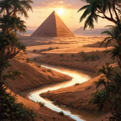 Prompt: Top down Anton Pieck style illustration of a single pyramid by a lush winding tropical river, deep in the desert, soft tones, golden hour, nightfall, detailed, exotic setting, warm lighting, summer, mysterious, distant view, fantasy style