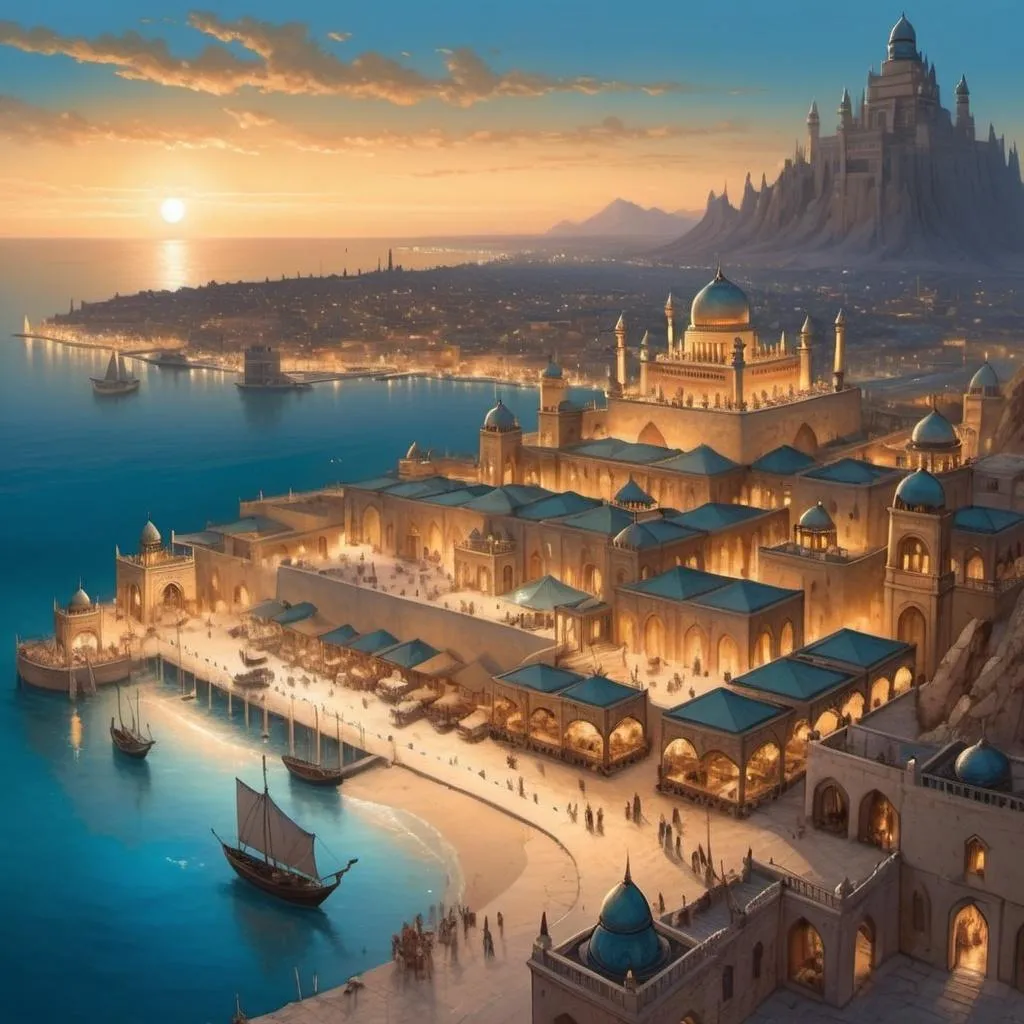 Prompt: Top-down Anton Pieck style illustration of a large port city, grand ottoman palace overlooking, the port has many stone quays, desert sand, summer, the sea shore in the background, a single pyramid in the distance, exotic atmosphere, soft tones, nightfall, golden hour, desert, detailed buildings, crowded streets, exotic setting, warm lighting, intriguing, mysterious, bustling city, grand palace, pyramid, blue-green ocean, mysterious, soft tones, nightfall, golden hour, desert shore, fantasy, heartwarming lighting