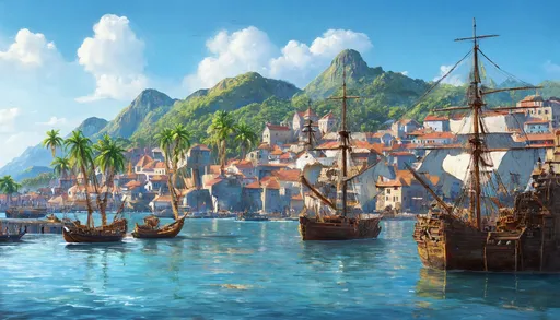 Prompt: A medieval tropical port city in front of line of hills, overlooking a calm bay, with mountains in the background.  There are busy docks with sailing ships in port being unloaded.  Done in the style of fantasy art