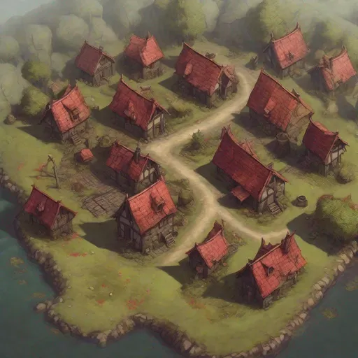 Prompt: an aerial view of a small Medieval village next to a bog full of cranberrys, in a dungeons and dragons fantasy art style