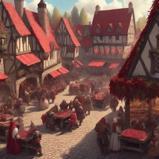 Prompt: a cranberry Festival hosted in a small Medieval village square, in fantasy art style