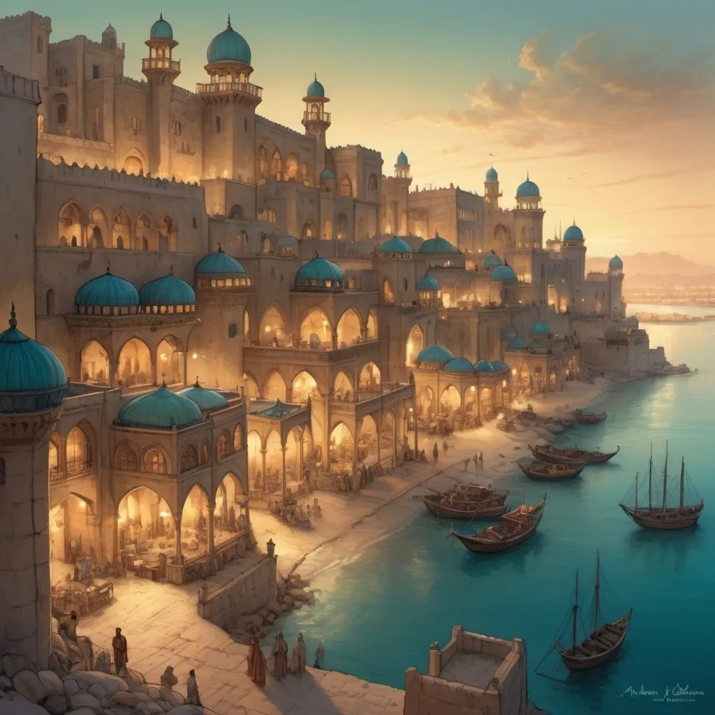 Prompt: Top-down Anton Pieck style illustration of a grand ottoman palace overlooking, a desert port with many stone quays, desert sand, summer, the sea shore in the background, exotic atmosphere, soft tones, nightfall, golden hour, desert, detailed buildings, crowded streets, exotic setting, warm lighting, intriguing, mysterious, bustling city, grand palace, blue-green ocean, mysterious, soft tones, nightfall, golden hour, desert shore, fantasy, heartwarming lighting