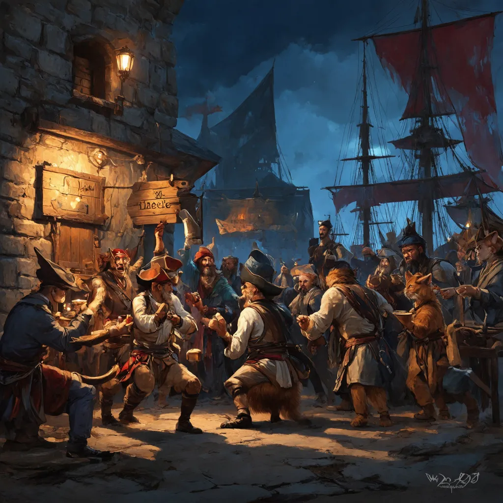 Prompt: (dungeons and dragons concept art), a lively group of (half-tabaxi pirates) with striking leopard fur and (human pirates), joyfully (drinking) and (playing games) outside a dingy tavern nestled within a fortress wall, a wooden sign swings gently above the entrance, an (exotic atmosphere) enhanced by vivid colors and cool nighttime lighting, surrounded by detailed buildings, a bustling crowd of human and dwarven sailors both inside and outside the tavern, a newly rebuilt stone port in the foreground, immersive ambiance, intricate rowdy scene, beautifully illustrated details, (high-quality render), ultra-detailed composition, cinematic depth, dynamic storytelling.