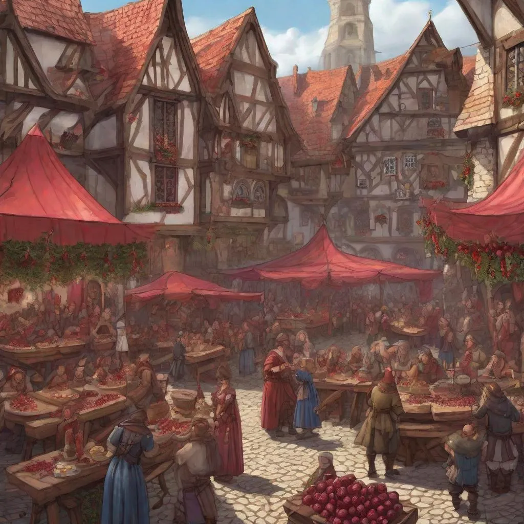 Prompt: a cranberry Festival hosted in a Medieval village square, in fantasy art style