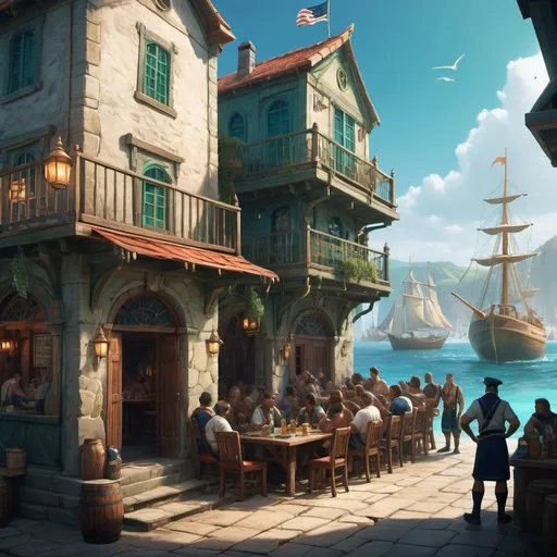 Prompt: (fantasy concept art illustration), the exterior of a tavern for sailors, (exotic atmosphere), vivid colors, warm midday lighting, detailed buildings, a crowd of sailors outside and inside the tavern, some of the sailors are humanoid felines, newly rebuilt stone port in the foreground, sparkling blue-green ocean, intriguing mysterious surroundings, intricate rowdy scene, captivating visual narrative, immersive ambiance, beautifully illustrated details, (high-quality render), ultra-detailed, cinematic depth, dynamic composition.