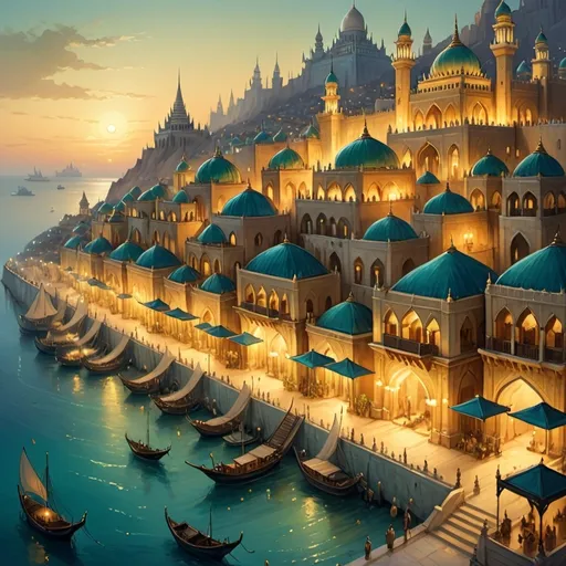 Prompt: Top-down Anton Pieck style illustration of a large port city, grand ottoman palace overlooking, the port has many stone quays, desert sand, summer, the sea shore in the background, pyramids in the distance, exotic atmosphere, soft tones, nightfall, golden hour, desert, detailed buildings, crowded streets, exotic setting, warm lighting, intriguing, mysterious, bustling city, grand palace, blue-green ocean, mysterious, soft tones, nightfall, golden hour, desert shore, fantasy, heartwarming lighting