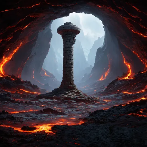 Prompt: A round, thin, stone gateway three hundred feet high; the gateway is standing in the midst of a huge underground cavern lit by distant lava flows, in the style of fantasy concept art