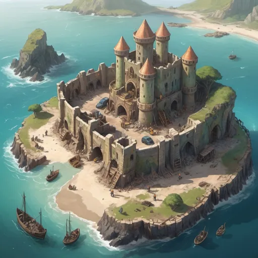 Prompt: Top-down fantasy concept art illustration of a team of human and dwarven construction workers restoring a large damaged island port, spring, a huge ruined castle in the background, exotic atmosphere, soft tones, mid day, detailed buildings, exotic setting, warm lighting, intriguing, mysterious, blue-green ocean, mysterious, soft tones, mid day, topical shore, fantasy, heartwarming lighting