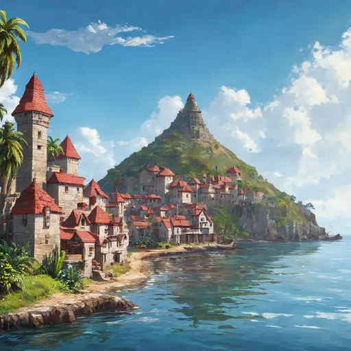 Prompt: A tropical port city in front of a hill overlooking a calm bay, in the style of dungeons and dragons fantasy art