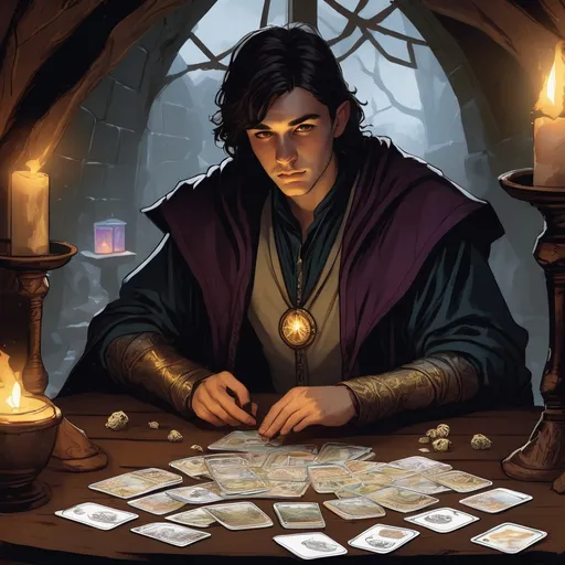 Prompt: a young human Male wizard leans over a table with tarot cards on it, in a dimly lit tent, in a dungeons and dragons fantasy art style